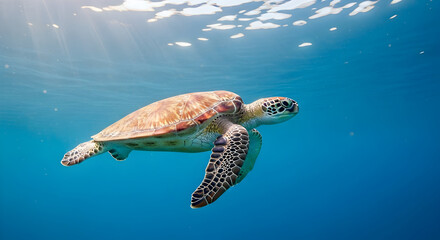 Obraz premium Sea Turtle Swimming in Turquoise Ocean Water with Sun Rays