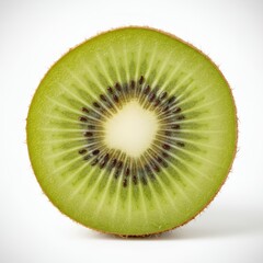 Slice of fresh, ripe kiwi fruit isolated on white, close-up macro shot.