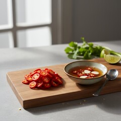 Sliced red chili peppers with sauce on a wooden board