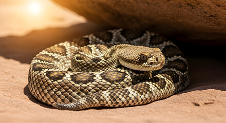 Fototapeta premium Coiled Rattlesnake Reptile with Scale Pattern in Warm Sunlight