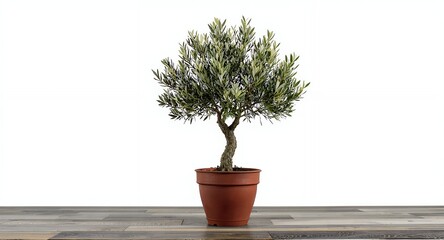 Small Potted Tree on Wooden Tabletop, Isolated on White Background