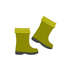 Vector illustration of green rubber rain boots with striped cuffs. Autumn waterproof footwear, perfect for kids fashion, outdoor activities, and seasonal design.