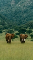 Obraz premium Majestic Elephants in Grassy Field with Mountain Backdrop