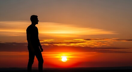 Man silhouetted against a vibrant sunset over the ocean.