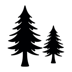 Obraz premium Two silhouette evergreen trees one tall and one short against a white background