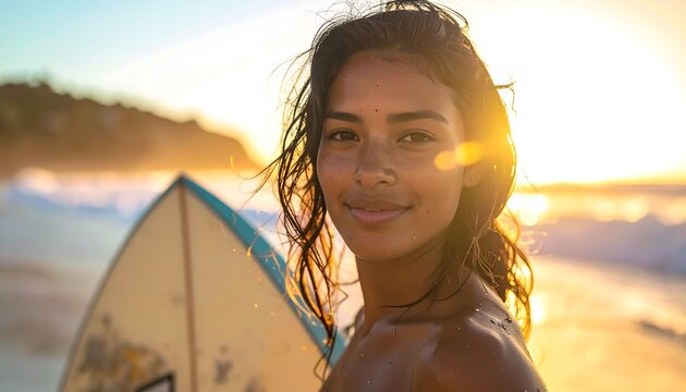 Woman holding surfboard at sunset