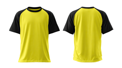 Front and back views of a bright yellow t-shirt with black sleeves and neckline