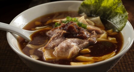 Warm bowl of savory soup with meat and vegetables