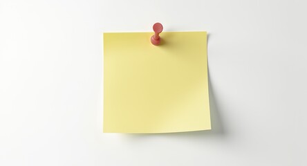 Yellow Sticky Note Pinned on White Background, Blank Workspace For Text, Message Concept