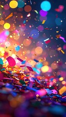 Colorful Confetti Explosion Against Dark Background with Bokeh and Depth of Field Festive Celebration