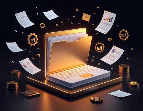 Digital file management on conceptual laptop for corporate business analysis