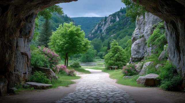 Stone Cave Entrance Overlooking Lush Green Valley with Blue Sky Bright Daylight Scenery and Blooming Flowers in Natural Setting