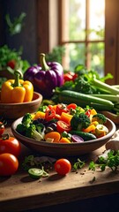 Colorful Vegetables in Wooden Bowl with Natural Light by the Window Healthy Eating