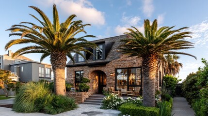 Brick house exterior with palm trees and landscaping