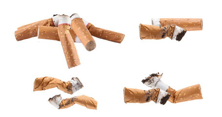 collection of dirty and discarded cigarette butts representing pollution and smoking addiction