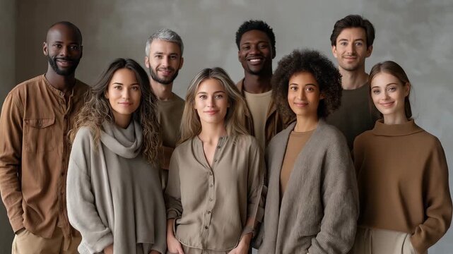 A group of people are standing in a line, all wearing brown clothing.Group of diverse people wearing earth tone sustainable outfits,fashion practices soft warm natural lighting