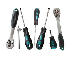 variety of screwdrivers and a ratchet wrench with ergonomic handles