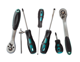 variety of screwdrivers and a ratchet wrench with ergonomic handles