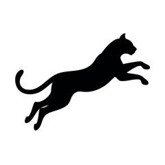 Silhouette of a black panther leaping gracefully in midair against a white background