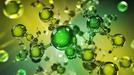Close up of a molecule model with green spheres connected by rods, representing scientific research and innovation