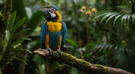 Naklejka premium Blue and yellow macaw perched on a mossy branch in a tropical rainforest