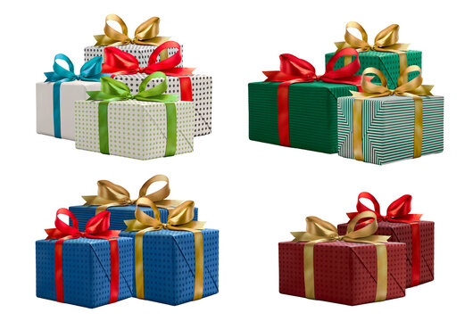 quadruple stacks of diverse wrapped gift boxes with various ribbons