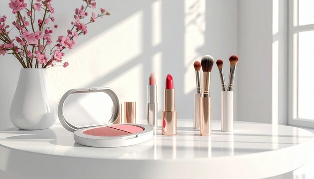 Elegant cosmetic products, including lipsticks, makeup brushes, and blush, are beautifully arranged on a white table, complemented by a decorative vase containing vibrant pink flowers.