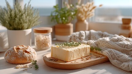 Naklejka premium Still Life of Butter on Wooden Plate with Rustic Bread and Thyme Sprigs Near Window with Sea View on White Woven Cloth Bright Soft Light