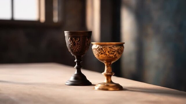 Religious still life with cross and chalices in dark moody setting