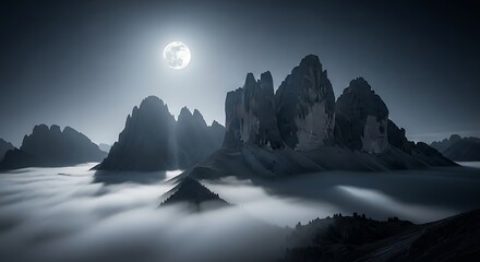 Moonlit Mountain Peaks Above Cloud Sea at Night.