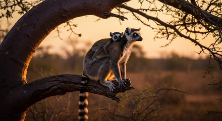 Obraz premium Ring-tailed lemur mother carrying baby on tree branch at sunset in natural habitat
