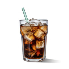 A glass of cola with ice cubes and a green straw on a transparent background