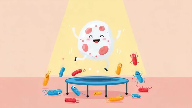 A lively character jumps on a trampoline while cheerful microbes dance around in a fun environment