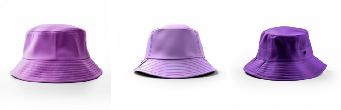 Three purple bucket hats with different angles and positions.