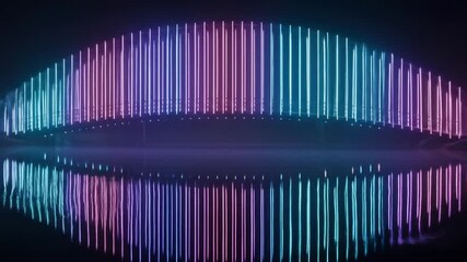 A mesmerizing symmetrical display of vertical neon light tubes in purple, pink, and cyan, reflected on a dark surface. - Powered by Adobe