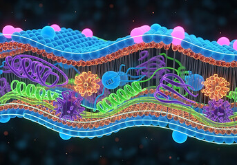 Vibrant and detailed microscopic illustration of a biological cell membrane with embedded proteins and complex molecular structures in a dark background