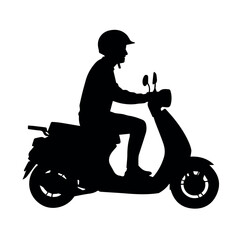 Silhouette of man riding scooter motorcycle transport vehicle with helmet for urban mobility and travel