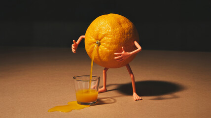 Humorous still life of an orange with arms and legs squeezing juice into a glass on a brown surface