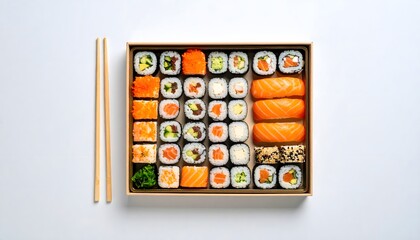 Exquisite Sushi Platter with Chopsticks, Fresh Ingredients, and Artistic Arrangement.