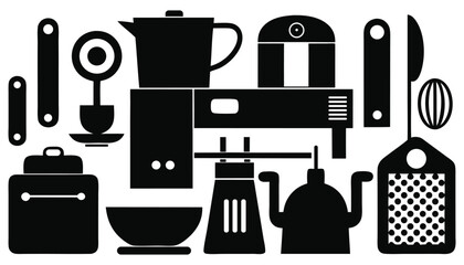 Silhouette Icons of Kitchen Utensils, Cooking Appliances, and Household Supplies