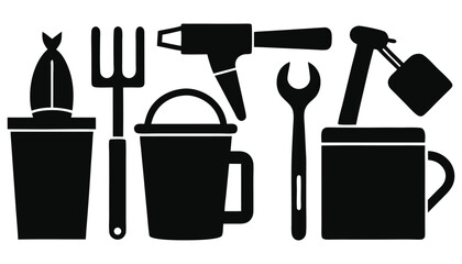 Silhouette Icons of Cleaning Tools, Gardening Equipment, and Household Utility Supplies