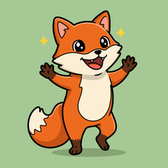 Smiling cartoon fox with raised arms and open mouth stands on a light green background with yellow sparkles.