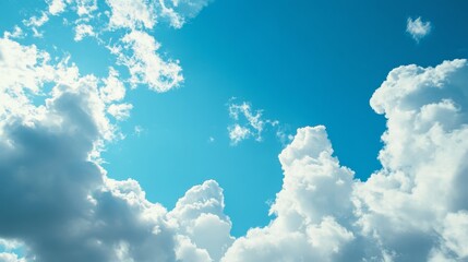Subject at the bottom of the image looking up at beautiful clouds in the blue sky, Ample copy space at the top for text.
