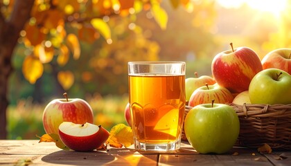 Autumn apples and juice in a garden setting