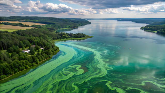 Aerial View of a Lake with Green Algae Bloom and Boats on a Summer Day with Cloudy Skies