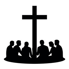 Christian faith group meeting silhouette under cross symbol for religion and spiritual community gathering icon