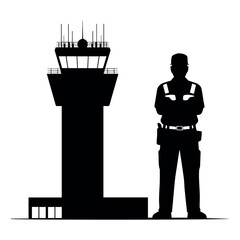 Airport control tower vector silhouette with security guard aviation traffic controller design vector illustration