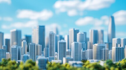 Obraz premium A cityscape with tall buildings and greenery in the foreground.