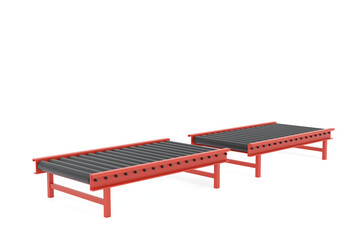 red bench isolated on white. 3D render industrial red roller conveyor on white. Modern warehouse equipment, logistics automation, production line system, factory machinery and material handling 