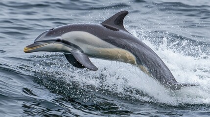 A playful dolphin leaping out of the water in a blue ocean.